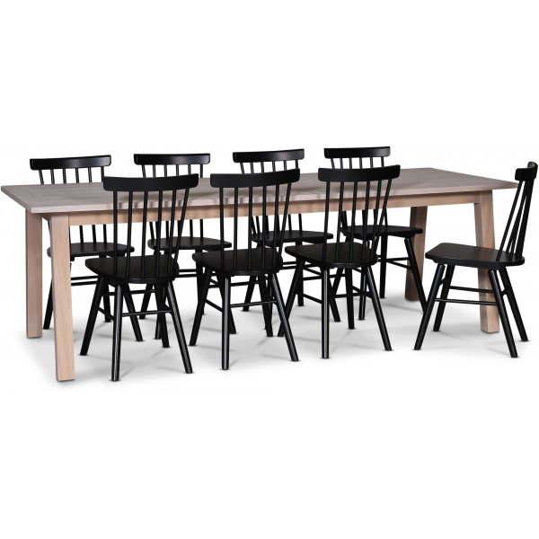 Saltsjö ruokailuryhmä 240 cm sis. 8 mustaa Orust-ruokotuolia - Valkoinen öljytty tammiviilu Saltsjö ruokailuryhmä 240 cm sis. 8 mustaa Orust-ruokotuolia - Valkoinen öljytty tammiviilu