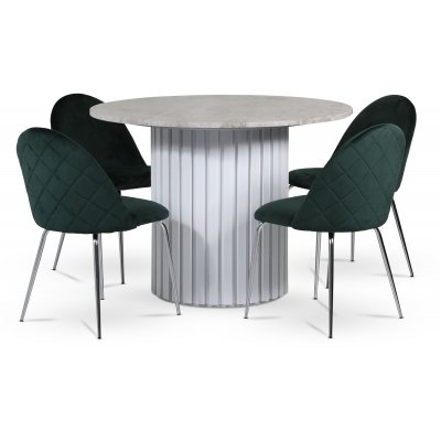 Empire ruokailuryhm 105 cm sis. 4 Plaza samettivihre tuolia - Silver Diana marmori / Valkoinen slepuujalusta