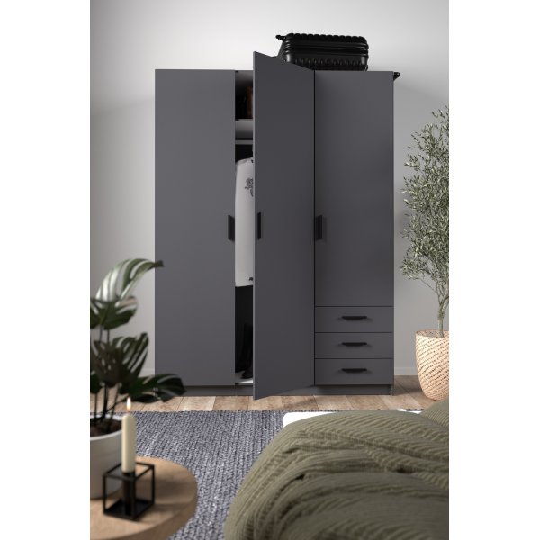 Sprint vaatekaappi 3 ovella ja 3 laatikkoa - harmaa Sprint vaatekaappi 3 ovella ja 3 laatikkoa - harmaa