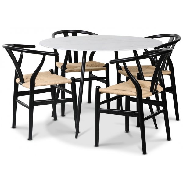 Sunda-ruokailuryhm, 110 cm pyre ruokapyt + 4 kpl Sunda-tuolia, mustat / remmi-istuin
