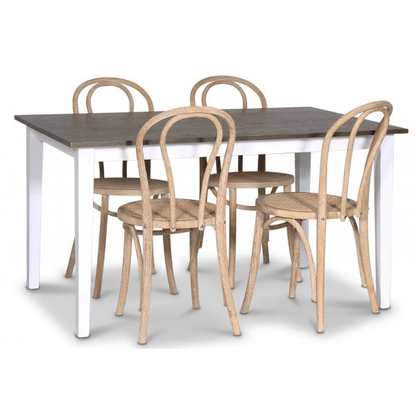Skagen elintarvikeryhm; ruokapyt 140 cm - Valkoiseksi/ruskeaksi petsattu tammi ja 4 Danderyd No.18 ruokapydn tuolia Whitewa