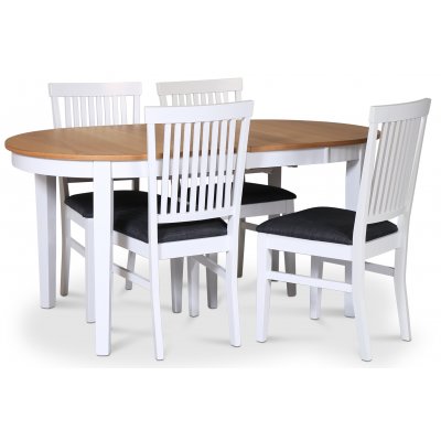 Fårö ruokaryhmä; ruokapöytä 160/210x90 cm - Valkoinen/öljytty tammi ja 4 Fårö-tuolia harmaalla kangasistuimella
