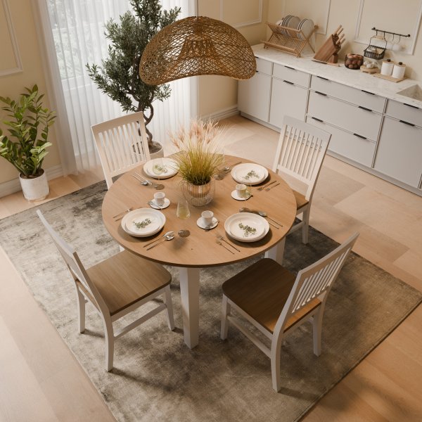 Ruokailuryhmä: Läckön ruokapöytä, pyöreä - valkoinen / öljytty tammi + 4 Selma tuolia - valkoinen / öljytty tammi + 4.00 x Tuolin tyyny Ruokailuryhmä: Läckön ruokapöytä, pyöreä - valkoinen / öljytty tammi + 4 Selma tuolia - valkoinen / öljytty tammi + 4.00 x Tuolin tyyny