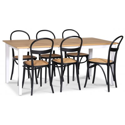 Fårö ruokaryhmä; ruokapöytä 180x90 cm - Valkoinen / öljytty tammi ja 6 Danderyd No.16 tuolia Musta