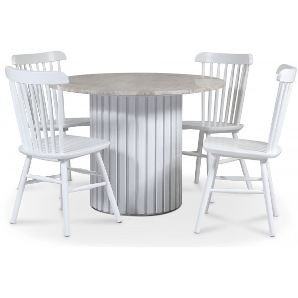 Empire ruokailuryhm 105 cm sis. 4 Orust valkoista uloketuolia - Silver Diana marmori / Valkoinen slepuujalusta