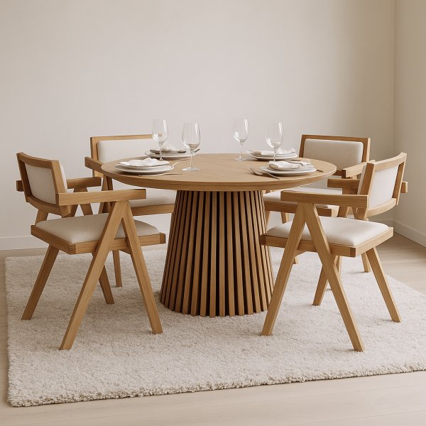 Jatkettava Osaka-ruokapöytä 120-200 cm tammipuuta ja 4 Sara-nojatuolia tammipuuta ja pellavaa Jatkettava Osaka-ruokapöytä 120-200 cm tammipuuta ja 4 Sara-nojatuolia tammipuuta ja pellavaa