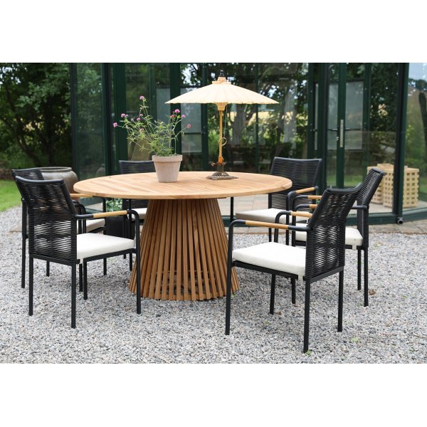 Ulkokalusteryhm�; P�yt� �150 cm ja 6 tuolia - Tiikki/Musta