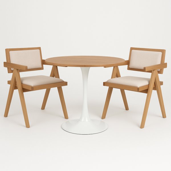 Ruokailuryhm Sumner 80 cm tammi/valkoinen, 2 Sara-nojatuolia tammi- ja pellavavrill