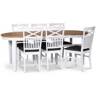 Fårö ruokaryhmä; ruokapöytä 160/210x90 cm - Valkoinen/öljytty tammi 6 kpl Skagen-tuolia ristillä selkänojalla, harmaa istuin