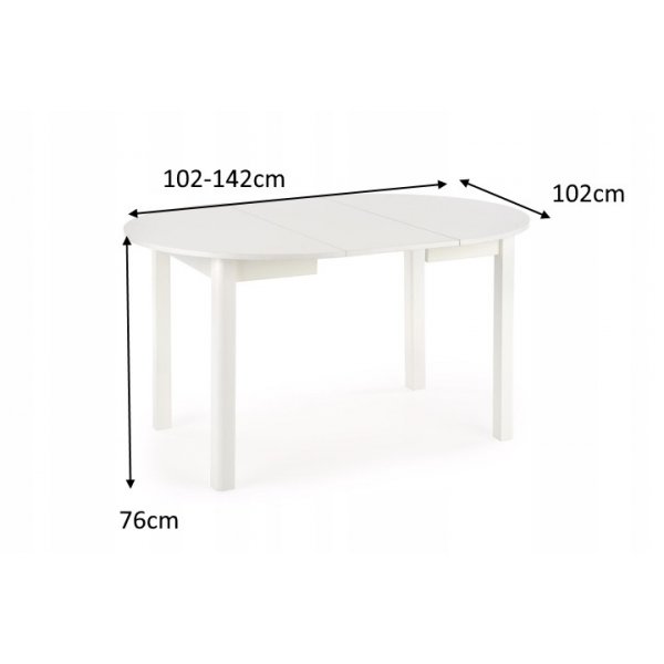Ruokapyt valkoinen, jatkettava, 102-142 cm + Huonekalujen jalat
