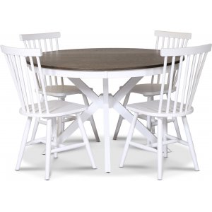 Skagen elintarvikeryhmä; pyöreä ruokapöytä Ø120 cm - Valkoinen/ruskea öljytty tammi, jossa 4 valkoista Karl Pinnstolar Skagen elintarvikeryhmä; pyöreä ruokapöytä Ø120 cm - Valkoinen/ruskea öljytty tammi, jossa 4 valkoista Karl Pinnstolar