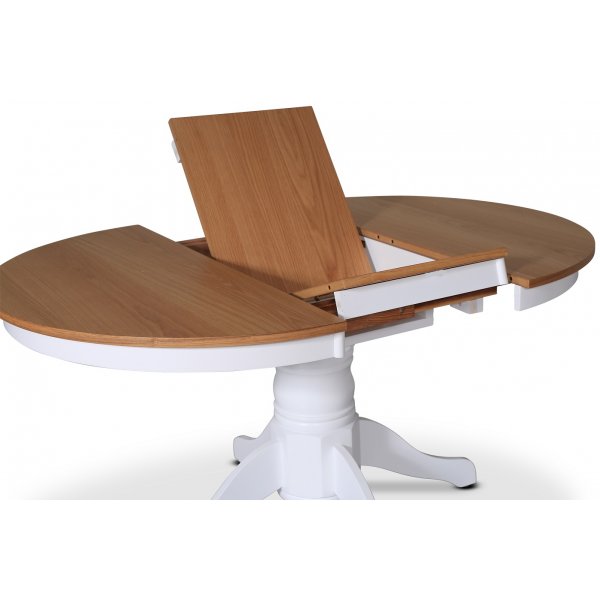 Pyöreä ruokapöytä, jatkettava Ø106-141 cm - Valkoinen / Öljytty tammi + Huonekalujen tekstiilien puhdistus Pyöreä ruokapöytä, jatkettava Ø106-141 cm - Valkoinen / Öljytty tammi + Huonekalujen tekstiilien puhdistus