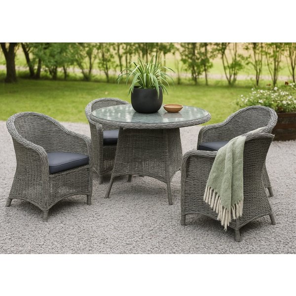 Jacksonvillen ulkoruokailuryhm; 110 cm pyre pyt sis. 4 Mercury-nojatuolia harmaa synteettinen rottinki