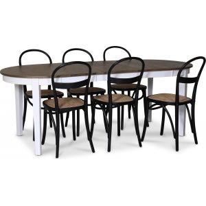 Skagen elintarvikeryhmä; ruokapöytä 160/210x90 cm - Valkoinen/ruskea öljytty tammi ja 6 Danderyd No.16 tuolia Musta Skagen elintarvikeryhmä; ruokapöytä 160/210x90 cm - Valkoinen/ruskea öljytty tammi ja 6 Danderyd No.16 tuolia Musta