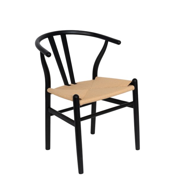 Astrid-jatkettava ruokapöytä Ø 140-180 cm mustaksi petsattua tammea, ja neljä mustaa Brandon-nojatuolia köysiistuimella Astrid-jatkettava ruokapöytä Ø 140-180 cm mustaksi petsattua tammea, ja neljä mustaa Brandon-nojatuolia köysiistuimella