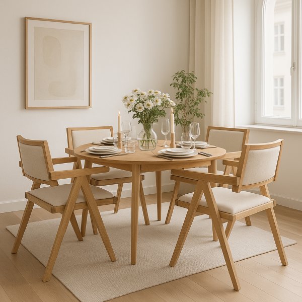 Ruokailuryhm Genova 110-160 cm ljytty tammea, ja 4 Sara-nojatuolia tammea ja pellavaa