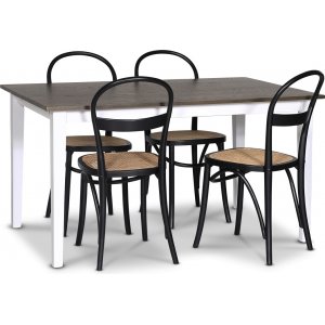 Skagen elintarvikeryhmä; ruokapöytä 140 cm - Valkoiseksi/ruskeaksi petsattu tammi ja 4 Danderyd No.16 ruokapöydän tuolia Musta Skagen elintarvikeryhmä; ruokapöytä 140 cm - Valkoiseksi/ruskeaksi petsattu tammi ja 4 Danderyd No.16 ruokapöydän tuolia Musta
