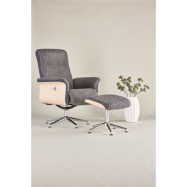 Nojatuoli jalkarahilla - Harmaa lampaannahkajljitelm/valkoiseksi maalattu tammi + Huonekalujen tekstiilien puhdistus