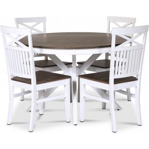 Skagen elintarvikeryhmä; pyöreä ruokapöytä Ø120 cm - Valkoinen/ruskea öljytty tammi ja 4 Skagen-tuolia (Risti takana) ruskealla Skagen elintarvikeryhmä; pyöreä ruokapöytä Ø120 cm - Valkoinen/ruskea öljytty tammi ja 4 Skagen-tuolia (Risti takana) ruskealla