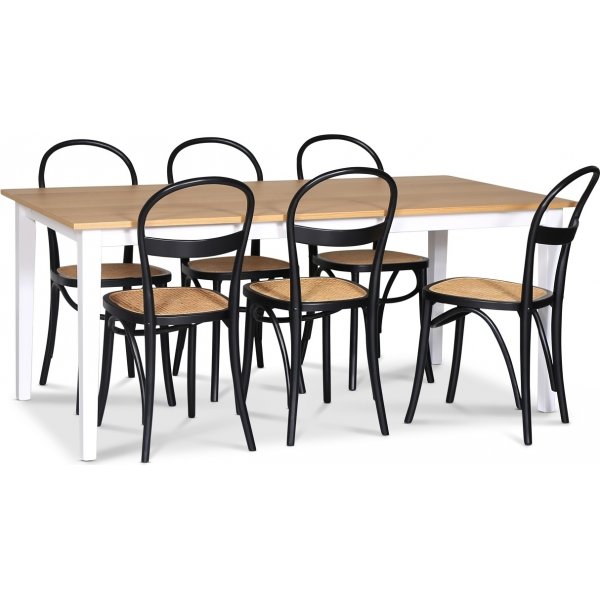 Ruokailuryhm; pyt 180x90 cm - valkoinen / ljytty tammi ja 6 tuolia