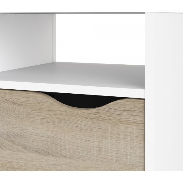 Oslon mediapenkki, jossa 2 laatikkoa ja 4 avointa lokeroa - Valkoinen/tammi Oslon mediapenkki, jossa 2 laatikkoa ja 4 avointa lokeroa - Valkoinen/tammi