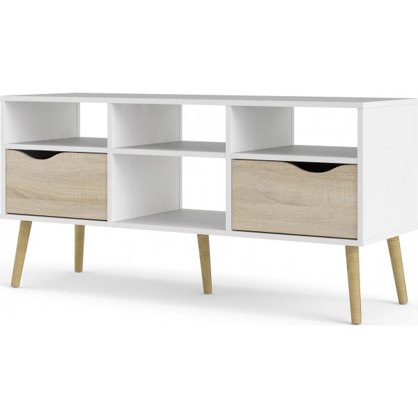 Oslon mediapenkki, jossa 2 laatikkoa ja 4 avointa lokeroa - Valkoinen/tammi Oslon mediapenkki, jossa 2 laatikkoa ja 4 avointa lokeroa - Valkoinen/tammi