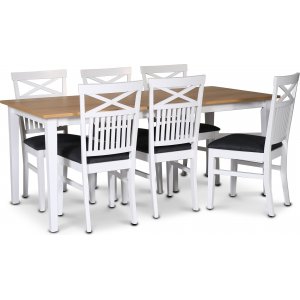 Ruokailuryhmä; pöytä 180x90 cm - Valkoinen / öljytty tammi 6 tuolin kanssa - Fårö Ruokailuryhmä; pöytä 180x90 cm - Valkoinen / öljytty tammi 6 tuolin kanssa - Fårö