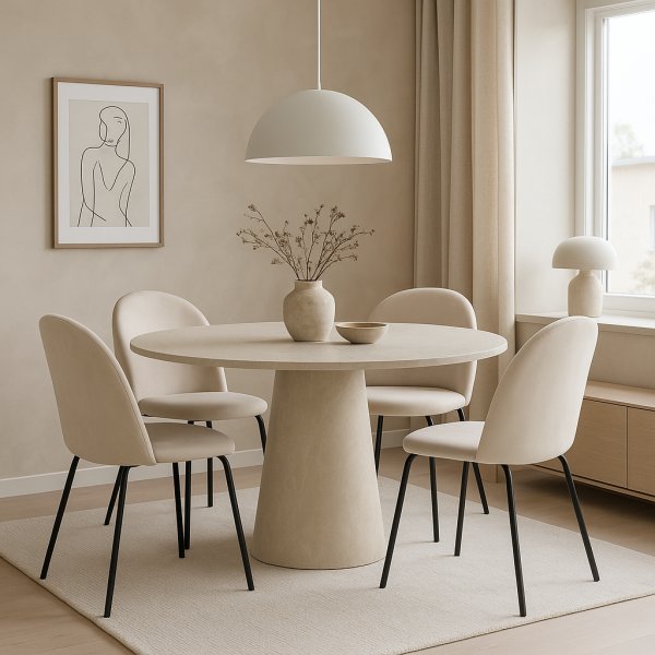 Ruokailuryhm Lanzo 120 cm, 4 Astrid-tuolia beigell samettilla