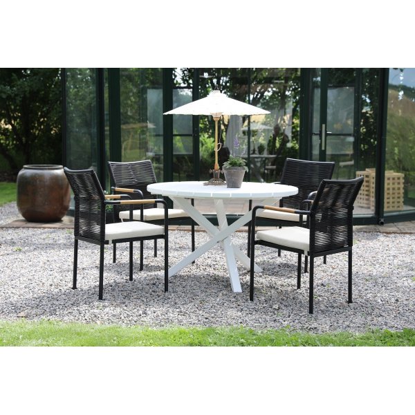 Scottsdale ulkoruokailuryhm pydn ymprill ja 4 Skanr-nojatuolia - musta/beige/valkoinen