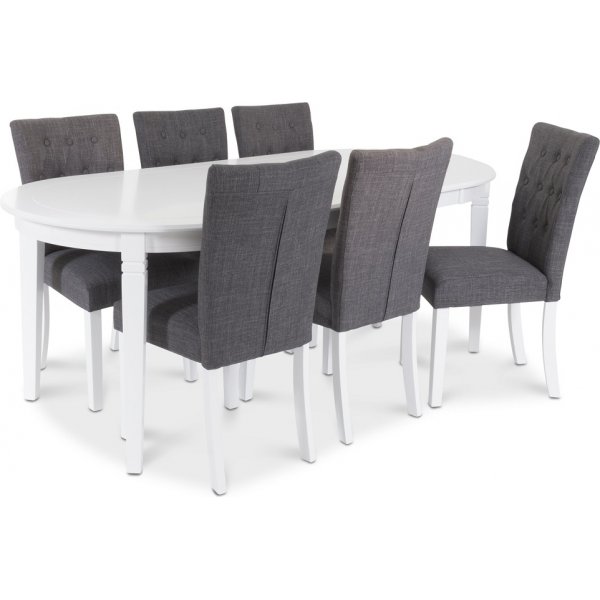 Sandhamn Food Group; Soikea pyt ja 6 Crocket-tuolia harmaata kangasta