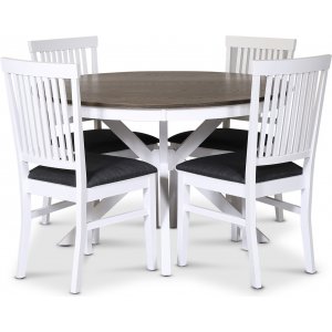 Skagen elintarvikeryhmä; pyöreä ruokapöytä Ø120 cm - Valkoinen/ruskea öljytty tammi ja 4 Fårö-tuolia (selkänojat) harmaalla kang Skagen elintarvikeryhmä; pyöreä ruokapöytä Ø120 cm - Valkoinen/ruskea öljytty tammi ja 4 Fårö-tuolia (selkänojat) harmaalla kang
