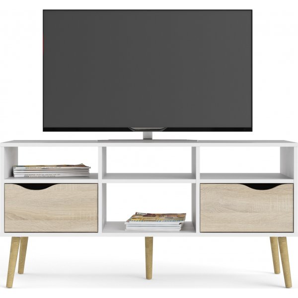 Oslon mediapenkki, jossa 2 laatikkoa ja 4 avointa lokeroa - Valkoinen/tammi Oslon mediapenkki, jossa 2 laatikkoa ja 4 avointa lokeroa - Valkoinen/tammi