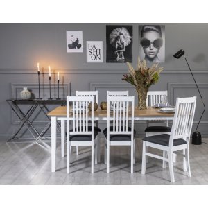 Fårö ruokailuryhmä: Pöytä 180 cm sisältäen 6 Gåsö-tuolia - Valkoinen/tammi Fårö ruokailuryhmä: Pöytä 180 cm sisältäen 6 Gåsö-tuolia - Valkoinen/tammi