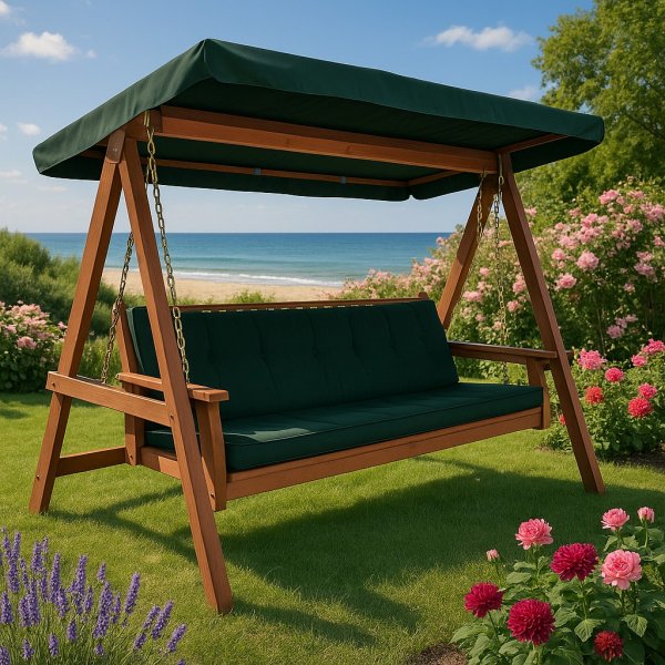 Kokoontaitettava puinen riippumatto vihre�ll� katolla