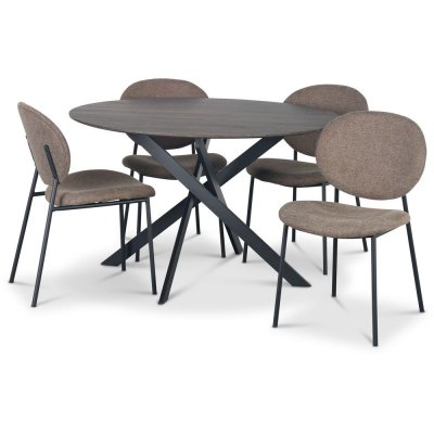 Hogrän ruokailuryhmä Ø120 cm tumma puupöytä + 4 tuftattua ruskeaa tuolia