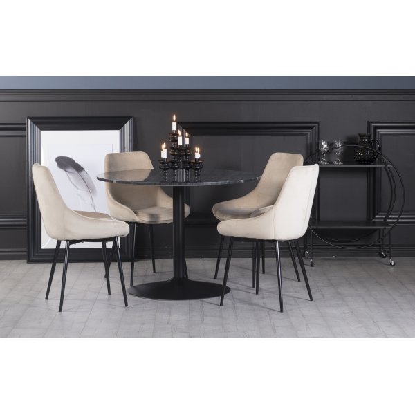 Plaza-ruokailuryhmä, marmoripöytä ja 4 kpl Theo-samettituolia - Beige/Harmaa/Musta + 2.00 x Huonekalujen jalat Plaza-ruokailuryhmä, marmoripöytä ja 4 kpl Theo-samettituolia - Beige/Harmaa/Musta + 2.00 x Huonekalujen jalat