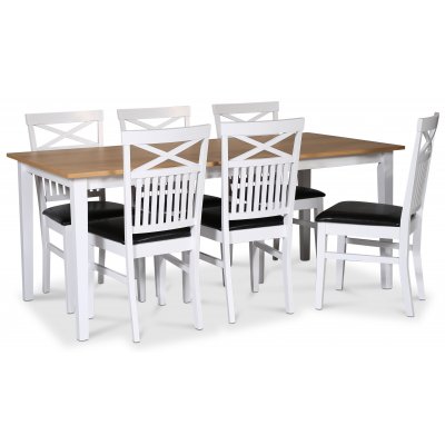 Fårö ruokaryhmä; ruokapöytä 180x90 cm - Valkoinen / öljytty tammi, 6 Fårö ruokapöydän tuolia ristillä selkänojalla, istuin musta