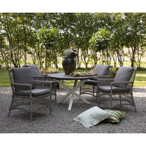 Provence ulkoiluryhmä: Scottsdale pyöreä harmaa/valkoinen ruokapöytä Ø112 cm sisältäen 4 Provence nojatuolia harmaata synteettis Provence ulkoiluryhmä: Scottsdale pyöreä harmaa/valkoinen ruokapöytä Ø112 cm sisältäen 4 Provence nojatuolia harmaata synteettis