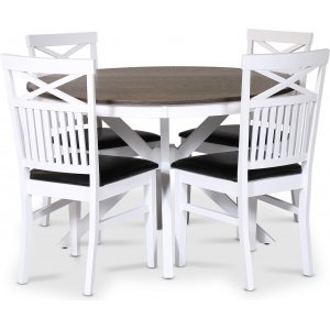 Skagen elintarvikeryhmä; pyöreä ruokapöytä Ø120 cm - Valkoinen/ruskea öljytty tammi ja 4 Fårö-tuolia (Risti takana) mustalla PU- Skagen elintarvikeryhmä; pyöreä ruokapöytä Ø120 cm - Valkoinen/ruskea öljytty tammi ja 4 Fårö-tuolia (Risti takana) mustalla PU-