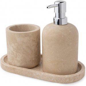 Beige travertiinimarmorinen kylpyhuonesetti, 3 osaa Beige travertiinimarmorinen kylpyhuonesetti, 3 osaa