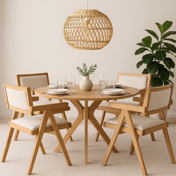 Rio-ruokapöytä Ø120 cm tammiviilua ja 4 Sara-nojatuolia tammea ja pellavaa Rio-ruokapöytä Ø120 cm tammiviilua ja 4 Sara-nojatuolia tammea ja pellavaa