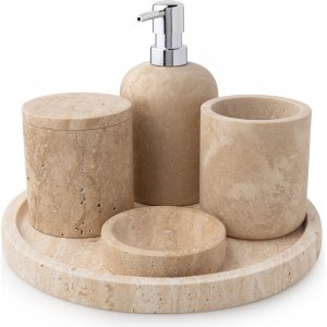 Beige travertiinimarmorinen kylpyhuonesetti, 5 osaa Beige travertiinimarmorinen kylpyhuonesetti, 5 osaa