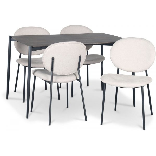 Lokrume ruokailuryhm 120 cm pyt tummaa puuta + 4 tuftattua beige tuolia