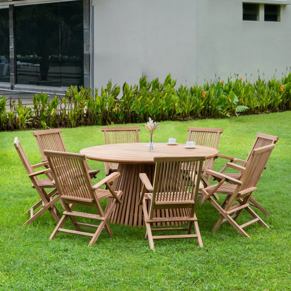 Saltö-ulkoryhmä tiikissä: pyöreä pöytä Ø150 cm ja 8 nojatuolia Saltö-ulkoryhmä tiikissä: pyöreä pöytä Ø150 cm ja 8 nojatuolia