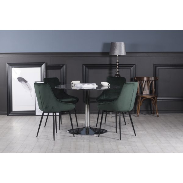 Plaza-ruokailuryhm, marmoripyt ja 4 kpl Theo-samettituolia - Vihre/Harmaa/Kromi