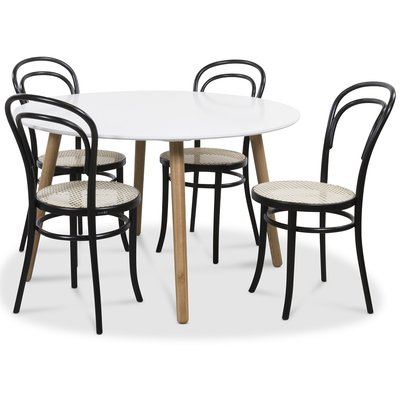 Rosvik-ruokaryhmä, pyöreä pöytä valkoinen/tammi + 4kpl mustaa Thonet No14 -tuolia