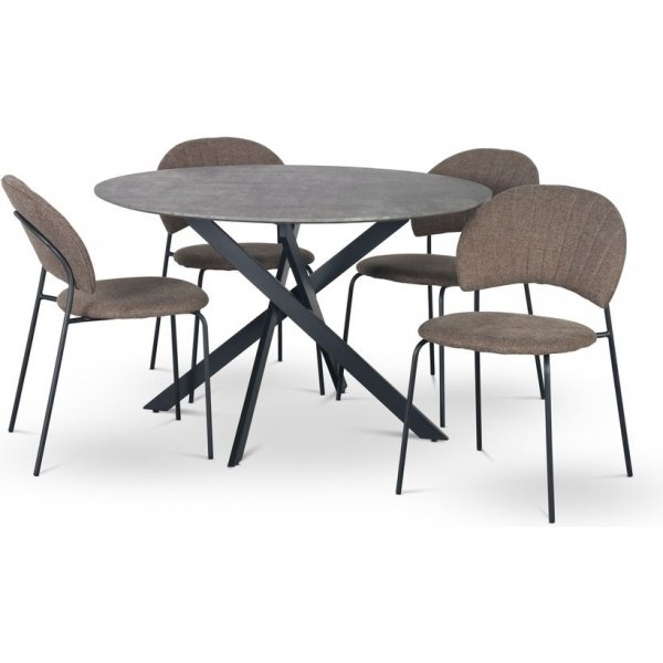 Hogrn ruokailuryhm 120 cm pyt jljitelmbetonia + 4 Hogrn ruskeaa tuolia
