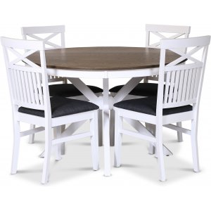 Skagen elintarvikeryhmä; pyöreä ruokapöytä Ø120 cm - Valkoinen/ruskea öljytty tammi ja 4 Skagen-tuolia harmaalla istuimella Skagen elintarvikeryhmä; pyöreä ruokapöytä Ø120 cm - Valkoinen/ruskea öljytty tammi ja 4 Skagen-tuolia harmaalla istuimella