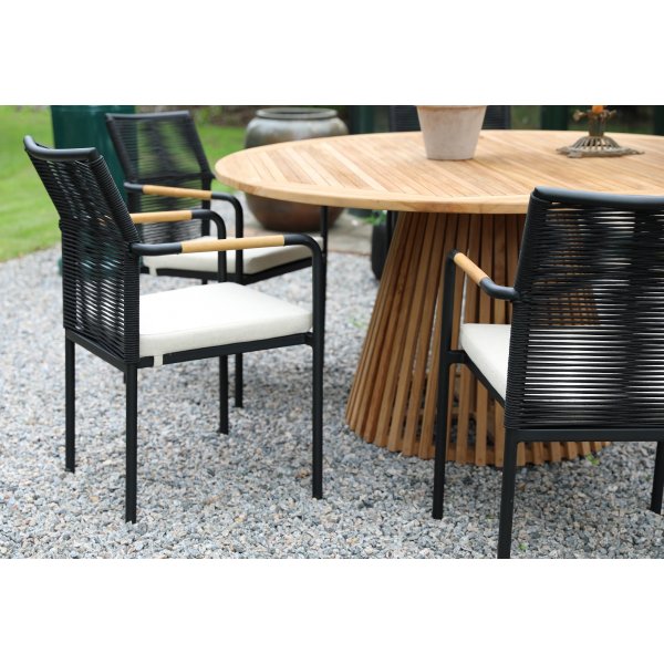 Ulkokalusteryhm�; P�yt� �150 cm ja 6 tuolia - Tiikki/Musta