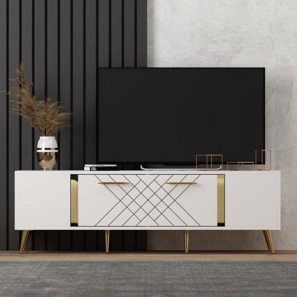 Valkoinen TV-taso kultaisilla yksityiskohdilla - 150 cm